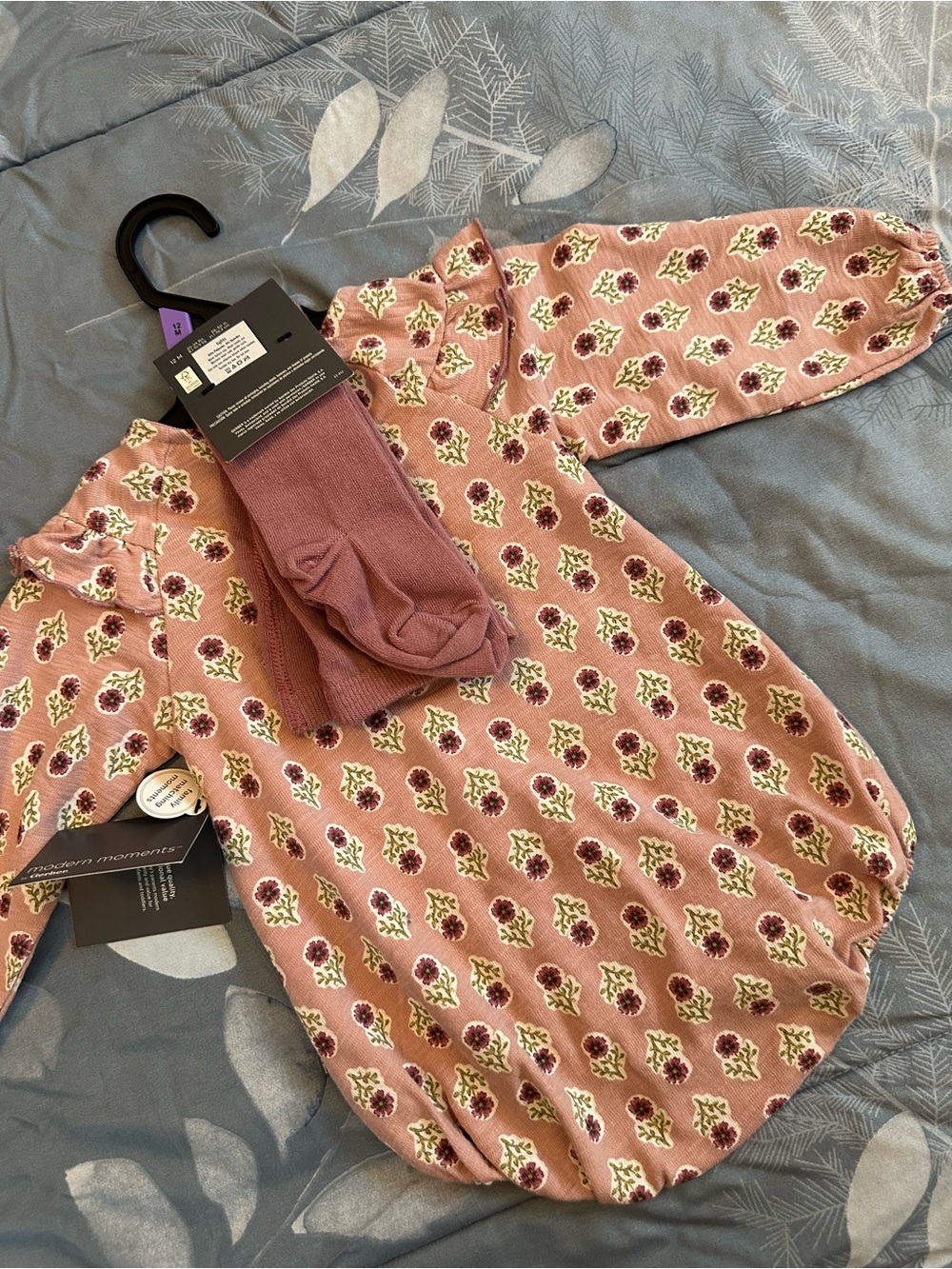 NWTS Modern Moments Pink Floral Ruffle Baby Romper w/matching tights Sz 12 mos. - Picture 7 of 9